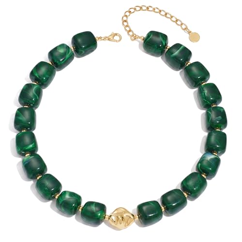 Beaded Necklaces for Women Boho Chunky Necklace Statement Big Resin Bead Choker Fashion Summer Beach Jewelry - color: Dark Green