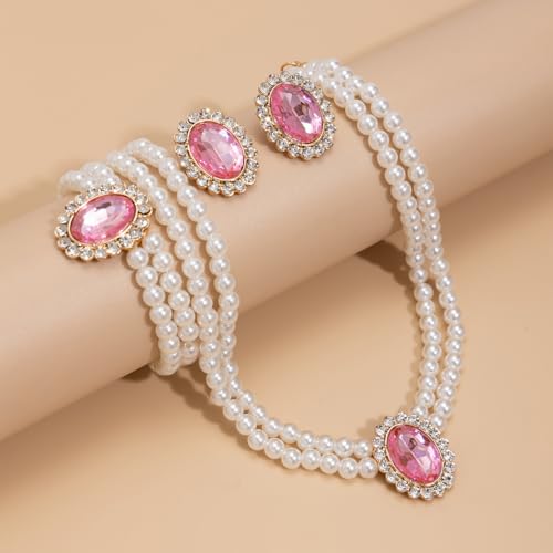 3Pcs Dainty Elegant Imitation Pearl Beaded Choker Necklace Bracelets Earrings Set Handmade Adjustable Faux Pearl Necklace for Women Bridal Wedding Party Prom Birthday Valentine Jewelry Gifts - color: C pink