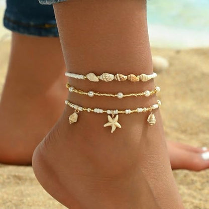 Qceasiy Shell Ankle Bracelets for Women, Boho Beaded Beach Anklet Set | Seashell, Heart, Starfish and Conch Styles, Gold-Tone, Stretch or Adjustable Fit, Layered Beach Vacation Jewelry Gifts - color: White 2