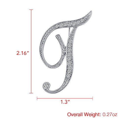 A-Z 26 Letters Pins Brooches Silver Plated Metal Broaches Pins-Clear Crystal Initial Breastpin - color: 1pcs-T