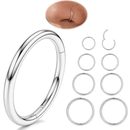 Nose Rings 20G 18G 16G 316L Surgical Steel Hinged Clicker Segment Nose Hoop Helix Cartilage Daith Tragus Sleeper Earrings Body Lip Piercing Jewelry for Women Men 6mm 7mm 8mm 10mm 12mm - style: 01:Silver-18G*6/8/10/12mm(8pcs)