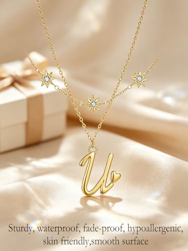 14K Gold A-Z Initial Lette Necklace Star Choker Women Necklace | Personalized Initial Jewelry, Meaningful Name Letter Gift for Women Wife Mom Friend, Perfect Present For Birthday/Anniversary - style: 14K Gold-U