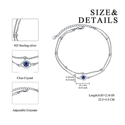 POPLYKE 925 Sterling Silver Double Layered Chain Evil Eye Daisy Sunflower Butterfly Anklets for Women Holiday Beach Crystal Ankle Bracelet Dainty Evil Eye Jewelry - style: Evil Eye Anklet