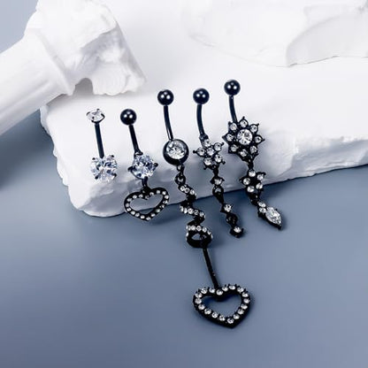 14G Dangle Belly Button Ring Piercing Jewelry 316L Stainless Surgical Steel Heart Flower CZ Reverse Navel Rings Dangling Belly Button Ring Piercing Jewelry for Women 14 Gauge Hypoallergenic - style: 5Pcs Black