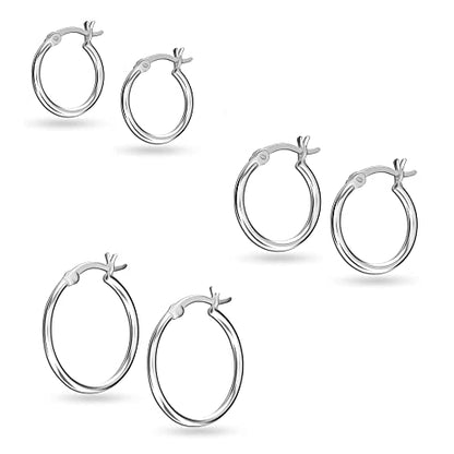 Charmsy Set of 3 Pairs 925 Sterling Silver Hoop Earrings for Women | Lightweight Italian 2.5mm Tube Diamond-Cut Classic Texured Click-Top Hoops Earring | Size 12/13/15/18/20/25mm - color: Silver 20/15/12mm