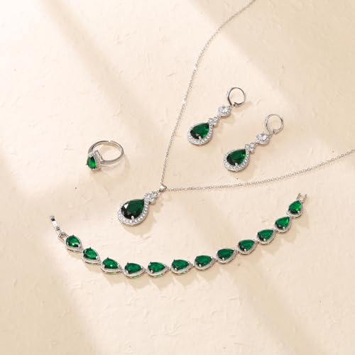 Crysdue Wedding Bridal Teardrop CZ Pendant Necklace Open Ring Dangle Earrings Adjustable Slider Bracelet Jewelry Set, Birthday Mothers Day Christmas Jewellery Gift for Women/Mom/Wife - style: 03-4 pcs Round&Teardrop- Green Silver-Tone