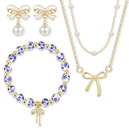 Bow Bracelet Necklace Earring Set for Women 14K Gold Plated Dainty Bow Necklace Flower Trendy Beaded Charm Bracelet Cute Pearl Drop Dangle Earrings Love Romantic Jewelry Gifts - color: blue