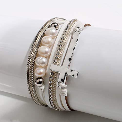Vercret Leather Wrap Bracelet for Women, Multi-Layer Cuff Bangle | Boho Stacked Bracelets with Safe Clasp Western Bangle Jewelry Gift for Lady and Mom Sister Friend - style: Pearl Cross White