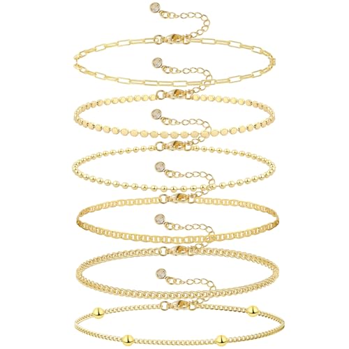 MFRYK Gold/Silver Bracelets For Women,Trendy 14k Gold/Silver Plated lightweight Dainty Chunky Thin Cuban Link Paperclip Chain Tennis Bangle Bracelets Stack Set,Ring Hand Chain Bracelet,Gold Jewelry Gift For Women Fashion Accessories - style: 6Pcs thin cub