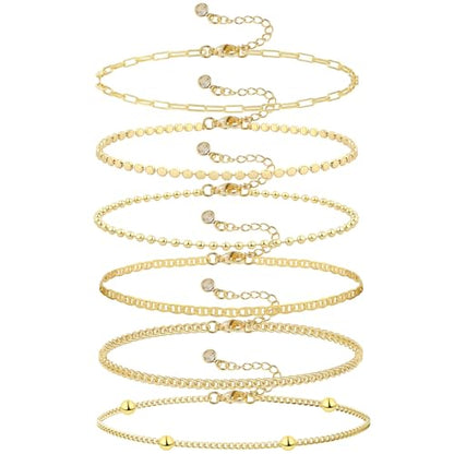 MFRYK Gold/Silver Bracelets For Women,Trendy 14k Gold/Silver Plated lightweight Dainty Chunky Thin Cuban Link Paperclip Chain Tennis Bangle Bracelets Stack Set,Ring Hand Chain Bracelet,Gold Jewelry Gift For Women Fashion Accessories - style: 6Pcs thin cub