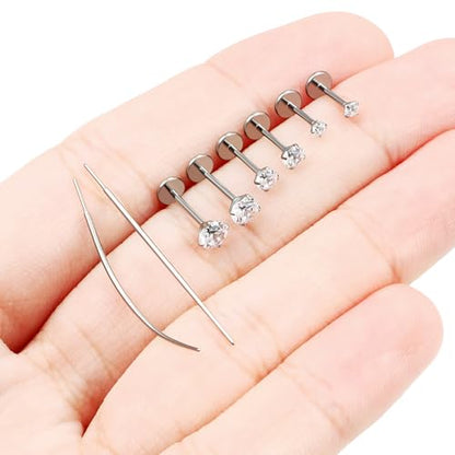 F136 Titanium 20/18/16G Earrings Nose Lip Rings Medusa Tragus Cartilage Helix Labret Flat Back Threadless Implant Grade Stud Piercing Jewelry for Women - color: White CZ, size: 20g*6/7/8mm*2/3/4mm
