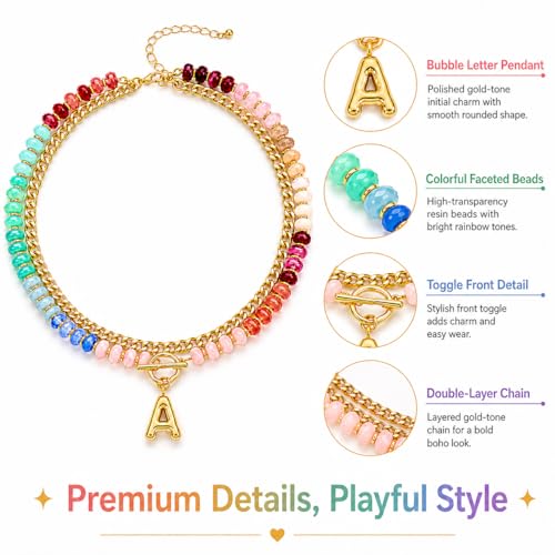 Colorful Beaded Bubble Letter Necklace For Women, Boho Double Layer Dopamine Rainbow Resin Beads Thick Cuban Chain Chunky With Initials Pendant Necklaces Summer Beach Jewelry Gift ﻿ - color: Dop A