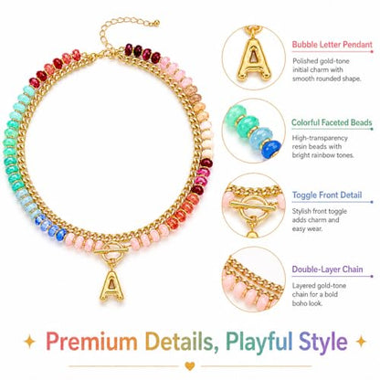 Colorful Beaded Bubble Letter Necklace For Women, Boho Double Layer Dopamine Rainbow Resin Beads Thick Cuban Chain Chunky With Initials Pendant Necklaces Summer Beach Jewelry Gift ﻿ - color: Dop H