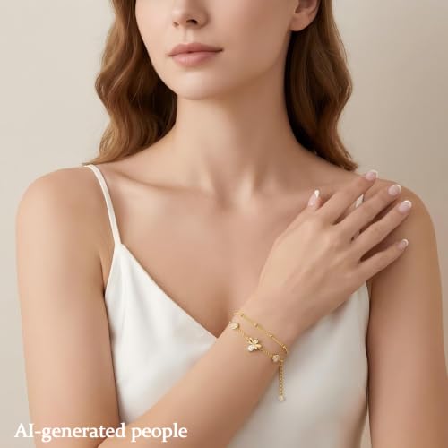 16K Gold Plated Bracelets Set for Women - Dainty Layered Adjustable Hand Chain Bracelet with Cubic Zirconia, Cute Jewelry Gift for Her, Waterproof Hypoallergenic - color: Bee