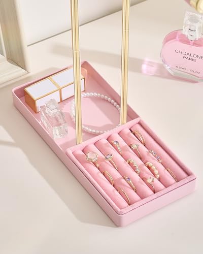 Lolalet 2-Tier Necklace Holder Display, Jewelry Stand with Ring Tray -Pink | Velvet Wrapped Jewelry Organizer, Tall Bracelet Stand for Bangles Watches Earrings, Gifts for Mom Girls Women Mother's Day - color: Pink