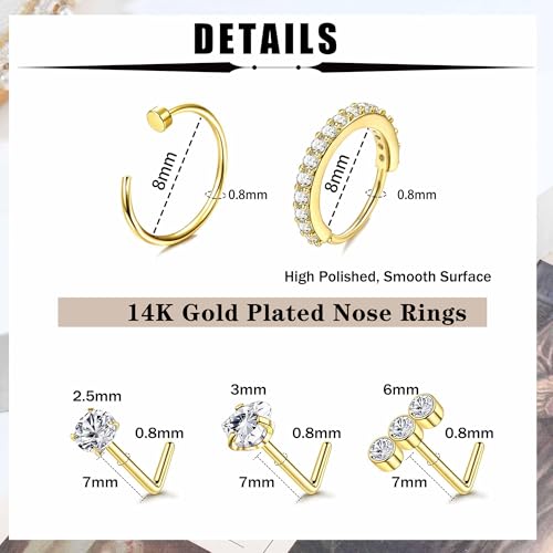 Besteel 10PCS 14K Gold Filled Nose Ring Studs - 6PCS Toe Rings for Women Non Tarnish Hypoallergenic Trendy Summer Beach Jewelry for Women