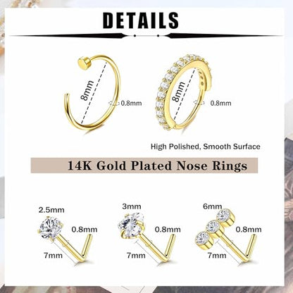 Besteel 10PCS 14K Gold Filled Nose Ring Studs - 6PCS Toe Rings for Women Non Tarnish Hypoallergenic Trendy Summer Beach Jewelry for Women