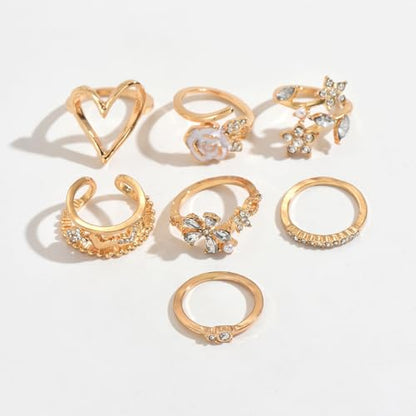 Flower Rings for Women Gold Adjustable Rings Set, Pink Enamel Rose Daisy Stackable Rings with Cubic Zirconia, Dainty Floral Knuckle Rings Jewelry for Party Wedding Gifts - color: Gold-02