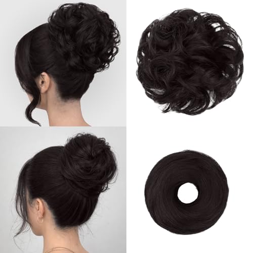 2PCS Messy Bun Hair Pieces Synthetic Hairpieces For Women Brown Black | Messy Bun and Donut Bun in one set for natural-looking volume and elegant updos for every occasion. - color: Brown Black