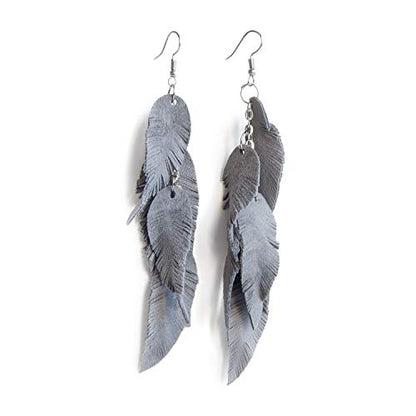 Leather Feather Earrings, Suede layered earrings, boho wedding jewelry, summer earrings, gift for her, dangle earrings - color: grey