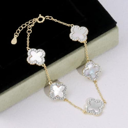 925 Sterling Silver Four Leaf Clover Bracelet – Real Silver Lucky Clover Jewelry for Women, Dainty Good Luck Gift for Her - color: Gold – Mother of Pearl