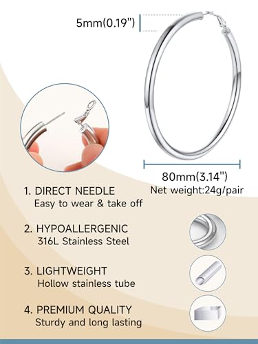 PROSTEEL Chunky Hoop Earrings for Women 14K Gold Plated/Black/Silver | 20/30/40/50/60/70/80mm Stainless Steel Thick Big Round Hoop with Waterproof and Non Tarnish Trendy Jewelry with Gift Box - color: 1. Silver, size: 80MM