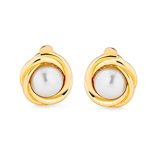 Bling Jewelry Classic Faux White Pearl Clip On Earrings For Women Cable Bezel Set Non Pierced Ears Yellow Gold Rhodium Plated (Set of 2)