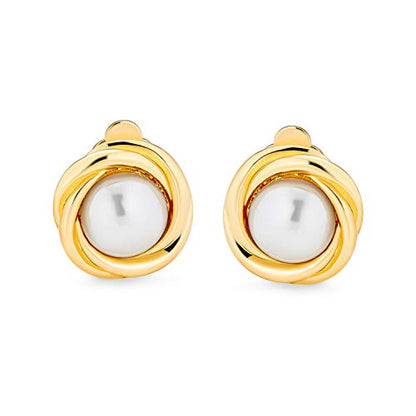 Bling Jewelry Classic Faux White Pearl Clip On Earrings For Women Cable Bezel Set Non Pierced Ears Yellow Gold Rhodium Plated (Set of 2)