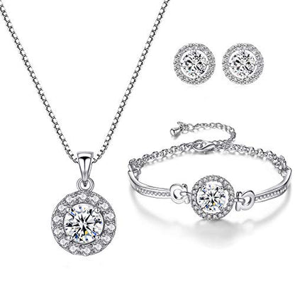 YooAi Jewellery Set Heart Pendant Necklace and Earrings Set Cubic Zirconia Jewellery for Women - color: Round Silver