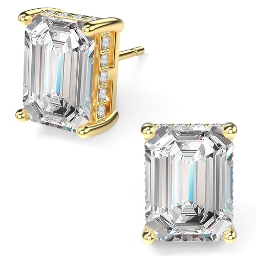 18K White Gold Plated Sterling Silver Emerald Cut Cubic Zirconia Stud Earrings Clear CZ Diamond Stud Earrings for Women Men Hypoallergenic - color: Gold, size: 6MM*8MM