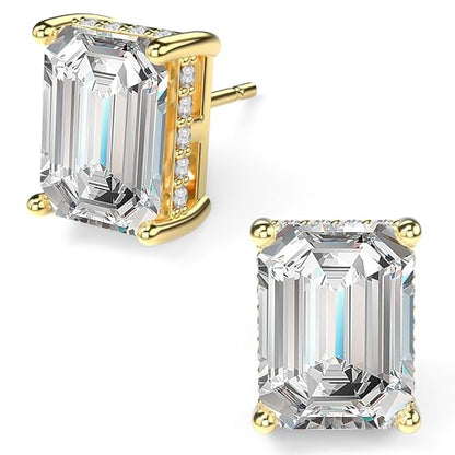 18K White Gold Plated Sterling Silver Emerald Cut Cubic Zirconia Stud Earrings Clear CZ Diamond Stud Earrings for Women Men Hypoallergenic - color: Gold, size: 6MM*8MM