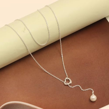 LeCalla 925 Sterling Silver CZ Necklace for Women Jewelry Lightweight Adjustable Lariat Zirconia Choker Y Chain Necklace - color: Freshwater Pearl Heart Y Necklace