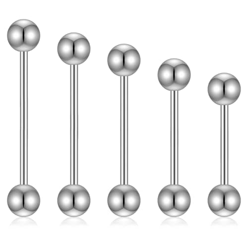 Hecila 10PCS Metal Tongue Rings Nipple Piercing Jewelry Externally Threaded Stainless Steel Straight Barbells Piercing Short Long Bar Silver Bridge Piercings for Women Men 12mm 14mm 16mm 18mm 20mm