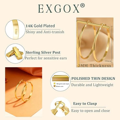 EXGOX 5mm Wide Gold Hoop Earrings for Women,Sterling Silver Hoop Earrings Large Silver Hoop Earrings Hypoallergenic Lightweight 14K Real Gold Plated Big Hoop Earrings for Women 30/40/50/60/70mm - color: 3MM-Gold Hoop-50mm