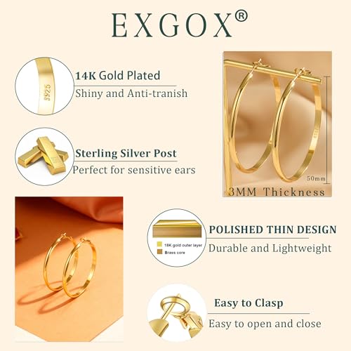 EXGOX 5mm Wide Gold Hoop Earrings for Women,Sterling Silver Hoop Earrings Large Silver Hoop Earrings Hypoallergenic Lightweight 14K Real Gold Plated Big Hoop Earrings for Women 30/40/50/60/70mm - color: 3MM-Gold Hoop-50mm