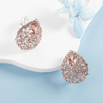 SELOVO Rhinestone Teardrop Big Stud Earrings Clip On Earrings - color: Champagne