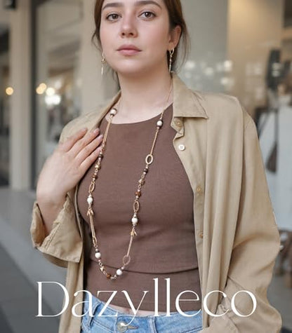 Long Gold Boho Necklaces for Women Beaded Statement Chain Long Necklace Gold Costume Jewelry Birthday Gifts for Her - color: Light Brown