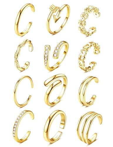 FIASASO 12Pcs Toe Rings for Women - 14K Gold Filled Toe Ring Non Tarnish Adjustable Simple Hug CZ Thin Band Toe Rings Summer Beach Foot Jewelry for Women - color: Gold