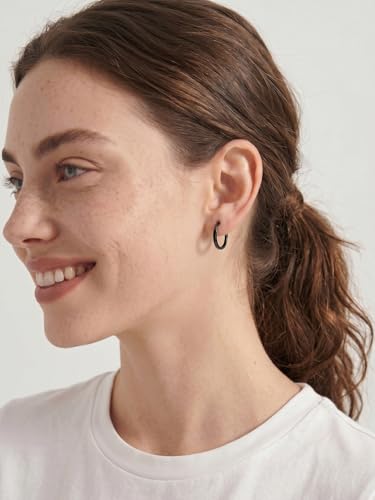 925 Sterling Silver Huggie Hoop Earrings, Small Silver Hoop Earrings for Women Hypoallergenic Huggie Lightweight Small Hoops Earring Cartilage Sleeper Earrings 6/8/10/12/14/16/18/20mm - color: Black, size: 14MM