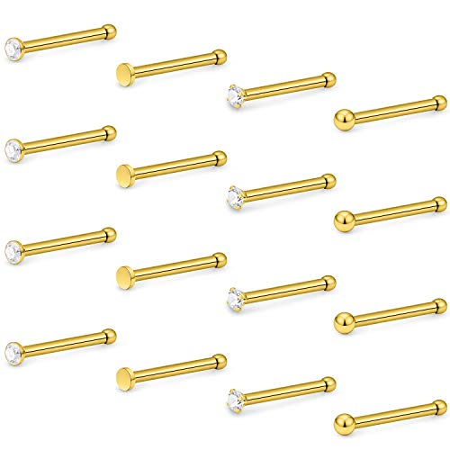 Hoeudjo Nose Studs Surgical Steel Cubic Zirconia Nose Rings Kit for Women Men Tiny Nose Stud Screw & Bone & L Shaped Nostril Rings Piercing Jewelry 22 Gauge 16 Pieces - color: nose bone studs, gold-tone