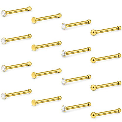Hoeudjo Nose Studs Surgical Steel Cubic Zirconia Nose Rings Kit for Women Men Tiny Nose Stud Screw & Bone & L Shaped Nostril Rings Piercing Jewelry 22 Gauge 16 Pieces - color: nose bone studs, gold-tone