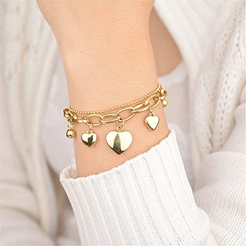 kelistom 316L Stainless Steel Love Heart Charm Bracelet for Women Romantic Gift Silver/Rose/18k Gold Plated OT Clasp Bracelets - color: 3-heart gold