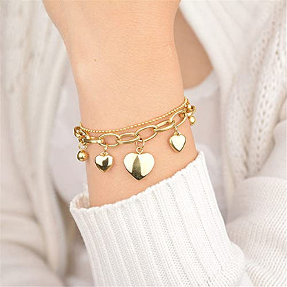 kelistom 316L Stainless Steel Love Heart Charm Bracelet for Women Romantic Gift Silver/Rose/18k Gold Plated OT Clasp Bracelets - color: 3-heart gold