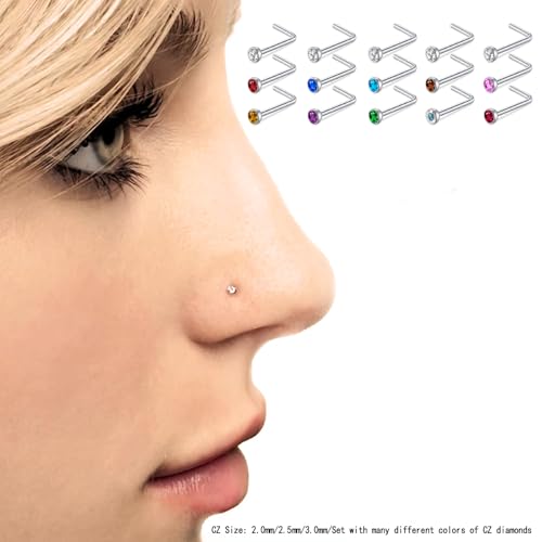 180Pcs 20G Surgical Stainless Steel Nose Rings Hoops Straight/L Shapes Nose Studs 2.0/2.5/3.0mm Cubic zirconia Hypoallergenic Nose Studs Silver Gold Rose Gold Black Rainbow Blue Lip Rings Nose Rings Piercing Jewelry Set for Women Men - style: C:120Pcs L S