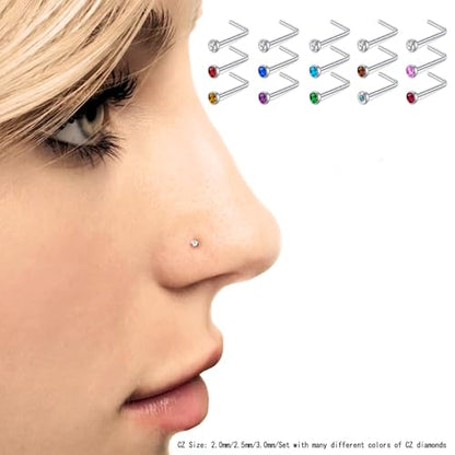 180Pcs 20G Surgical Stainless Steel Nose Rings Hoops Straight/L Shapes Nose Studs 2.0/2.5/3.0mm Cubic zirconia Hypoallergenic Nose Studs Silver Gold Rose Gold Black Rainbow Blue Lip Rings Nose Rings Piercing Jewelry Set for Women Men - style: C:120Pcs L S