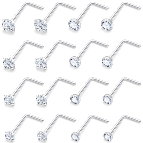18G 20G 22G Round Cubic Zirconia Nose Rings Studs for Women Men 316L Stainless Surgical Steel Nose Ring Stud Piercing Jewelry Silver Gold Clear CZ 1.5mm 2mm 2.5mm 3mm - style: 24G (Thin) L Shaped Silver