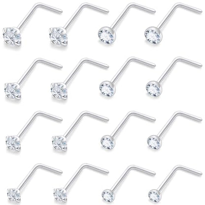 18G 20G 22G Round Cubic Zirconia Nose Rings Studs for Women Men 316L Stainless Surgical Steel Nose Ring Stud Piercing Jewelry Silver Gold Clear CZ 1.5mm 2mm 2.5mm 3mm - style: 24G (Thin) L Shaped Silver