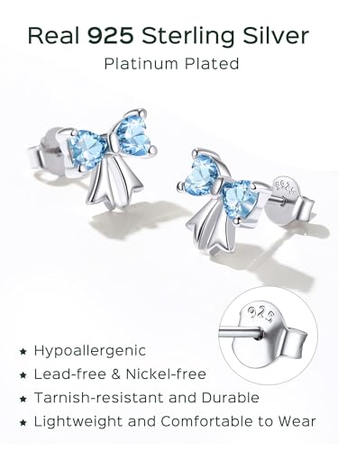 ChicSilver 925 Sterling Silver Bow/Butterfly Earrings for Women Hypoallergenic Birthstone Earrings Dainty Bow/Butterfly Jewelry Gift for Women - color: Bow-March-Aquamarine