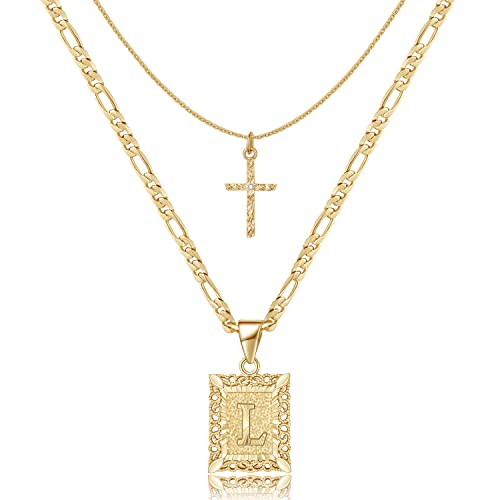 KELORIS PATH Gold Layered Initial Cross Necklace, 14K Gold Plated Layering Square Letter Pendant Figaro Chain Cross Choker from A-Z Capital Jewelry for Women Girls | 14K Gold Plated Square/Hexagon Letter Pendant with Figaro Chain, Stackable Jewelry Gifts,