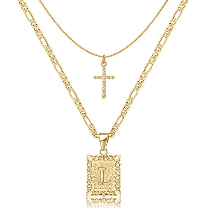 KELORIS PATH Gold Layered Initial Cross Necklace, 14K Gold Plated Layering Square Letter Pendant Figaro Chain Cross Choker from A-Z Capital Jewelry for Women Girls | 14K Gold Plated Square/Hexagon Letter Pendant with Figaro Chain, Stackable Jewelry Gifts,